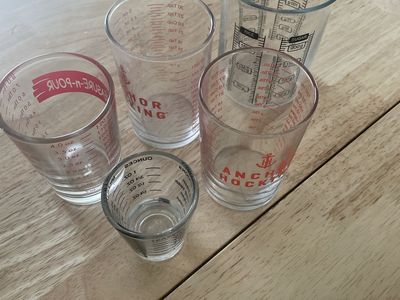 Set of 5 Glass Measuring Cups and Shot Glasses Including Anchor Hocking
