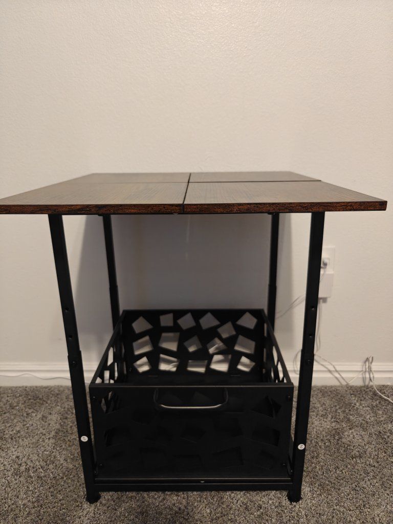 Industrial Rustic Side Table with Storage Basket and Wood Top
