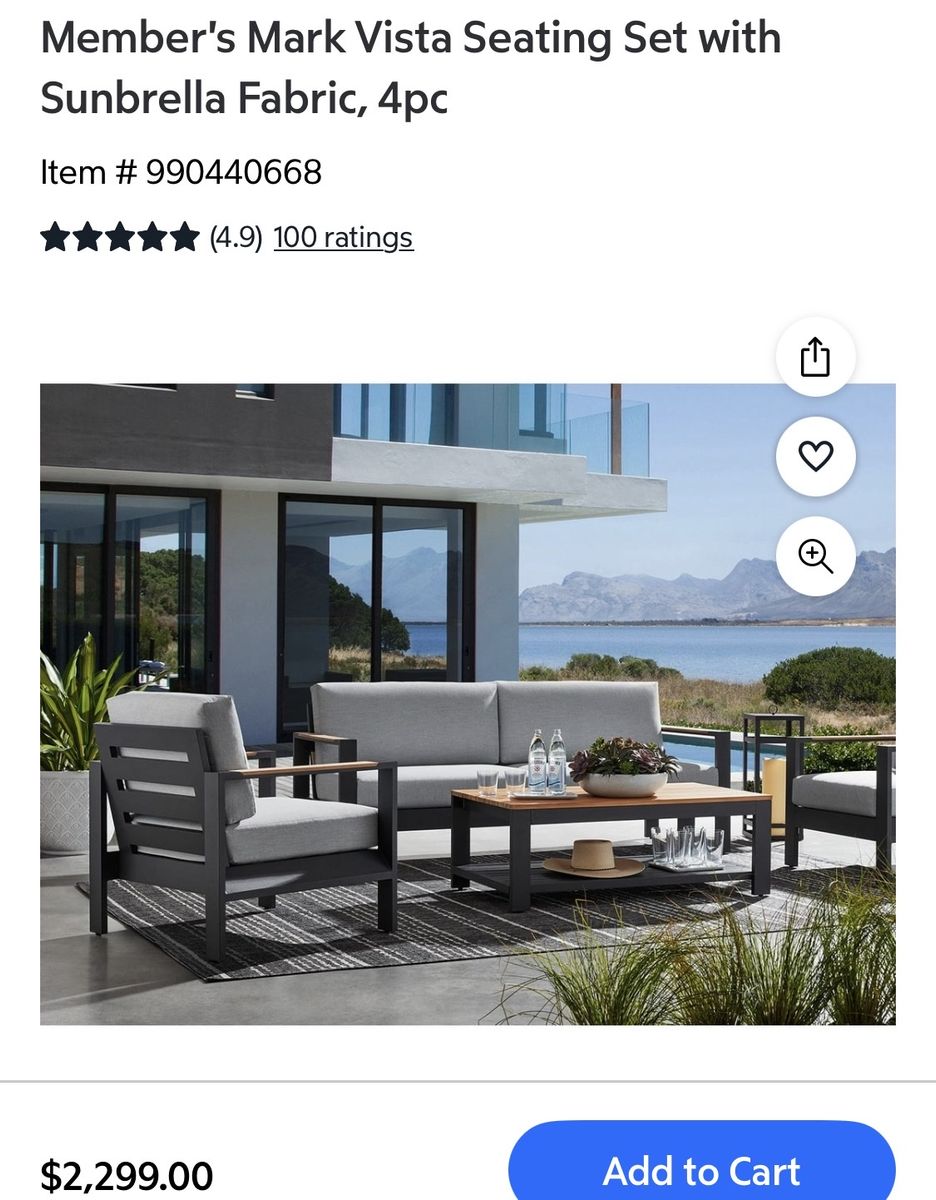 Member's Mark Vista 4-Piece Deep Seating Set w/ Sunbrella Fabric, Outdoor Patio Furniture