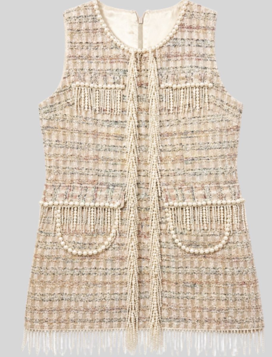 New. Handmade Tweed Pearl Beaded Dress Sleeveless Multicolor Size XL