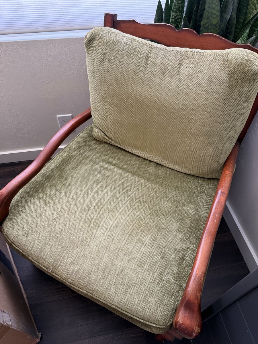 Vintage Wooden Armchair with Green Herringbone Upholstery and Scalloped Back