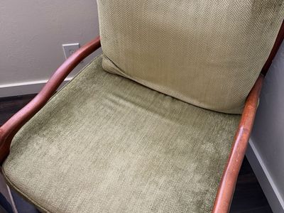 Vintage Wooden Armchair with Green Herringbone Upholstery and Scalloped Back