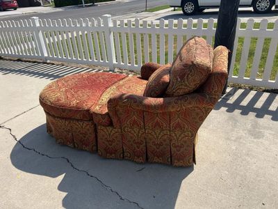 Ornate Red & Gold Paisley Fabric Chaise Lounge Chair