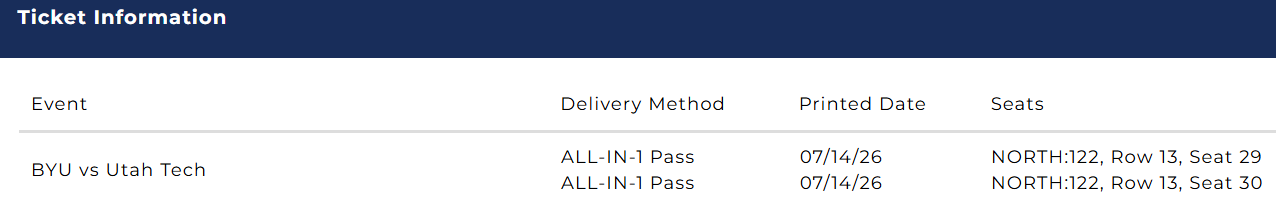 BYU vs Utah Tech Tickets - 2 Seats Section 122 Row 13