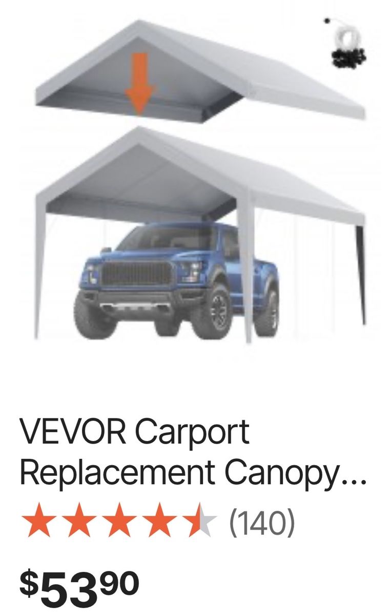 VEVOR 10x20 Ft Heavy Duty Galvanized Carport Canopy - UV/Water-Resistant Outdoor Car Shelter, White REPLACEMENT COVER ONLY.
