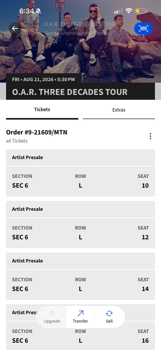 OAR Three Decades Tour Tickets - Sandy Amphitheater - Aug 21, 2026 (4 Tickets)