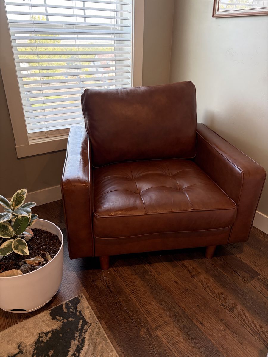 Mid-Century Modern Brown Leather Armchair Accent Chair