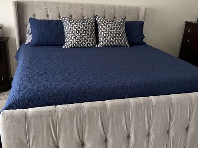 King Size Upholstered Tufted Wingback Bed - Headboard, Footboard, Rails