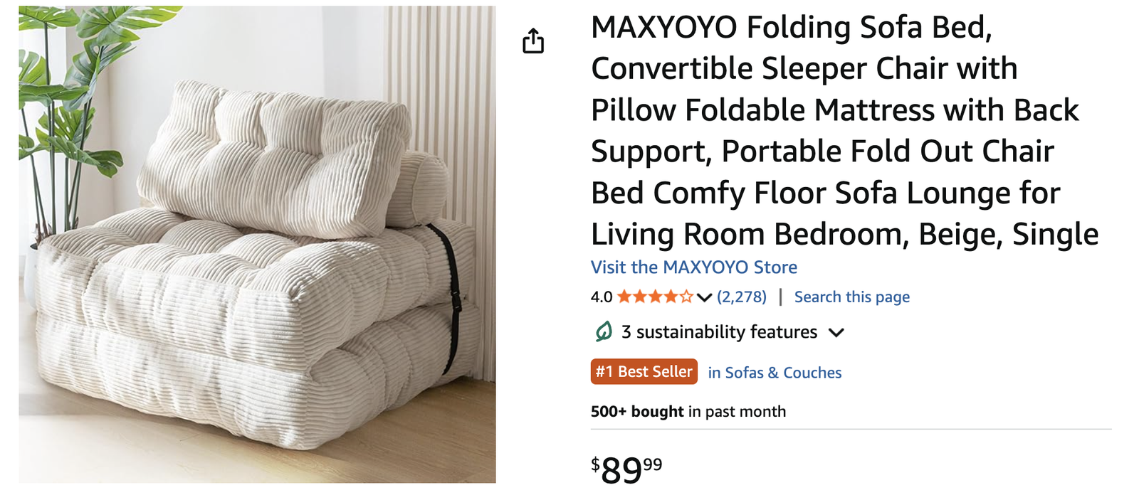 Folding Sofa Bed, Sleeper Chair, Bed, Sofa, Beige
