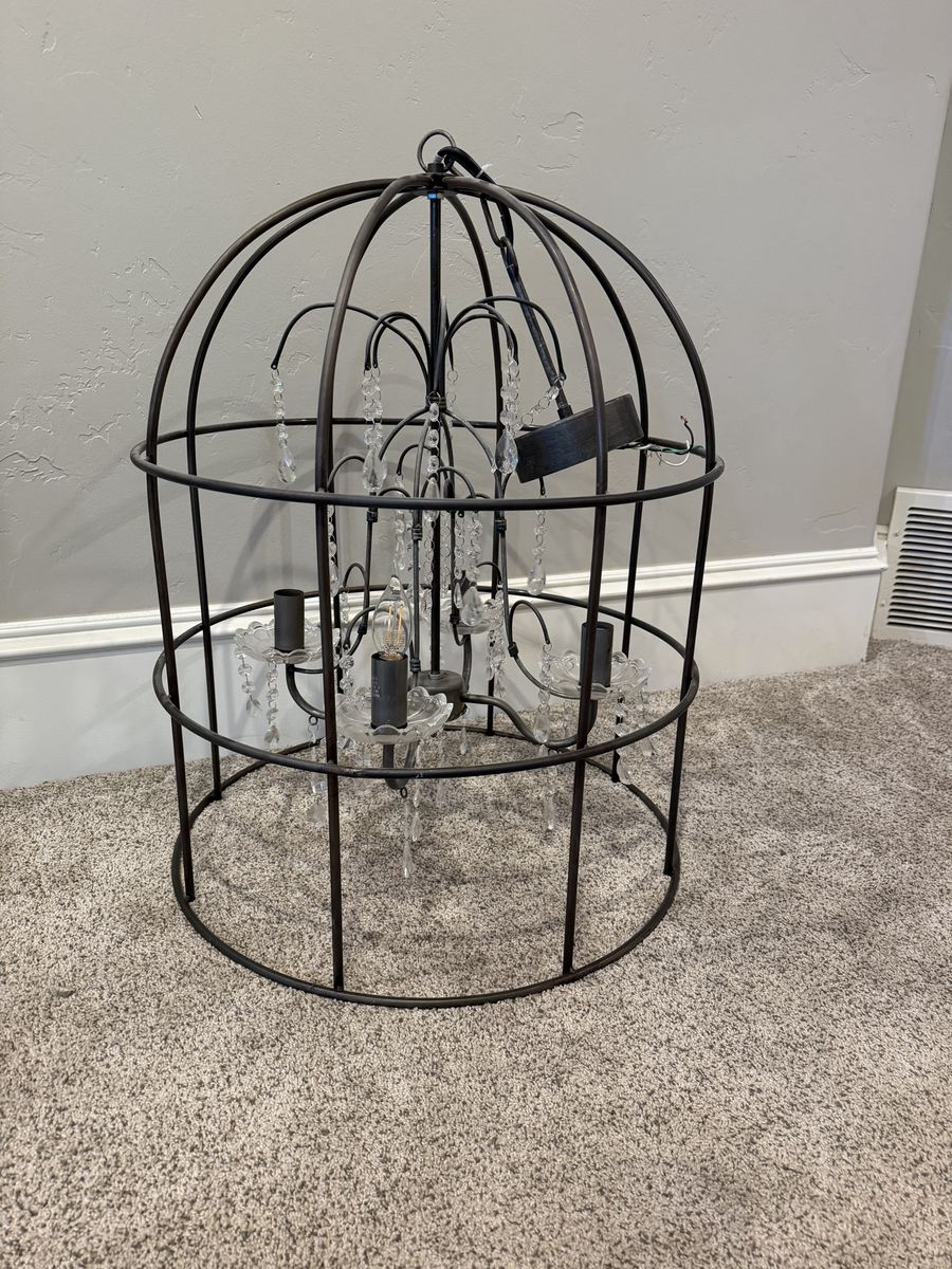 Industrial Birdcage Chandelier with Crystal Accents and Dark Metal Finish