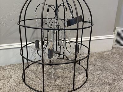 Industrial Birdcage Chandelier with Crystal Accents and Dark Metal Finish