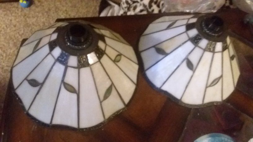 2 Tiffany Style Stained Glass Lamp Shades White with Green Leaf Accents