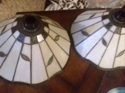 2 Tiffany Style Stained Glass Lamp Shades White with Green Leaf Accents