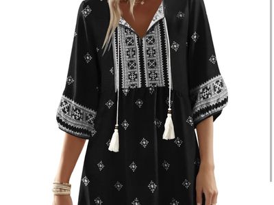 GUNEST Women's Boho Geometric Print V-Neck Tassel Mini Dress
