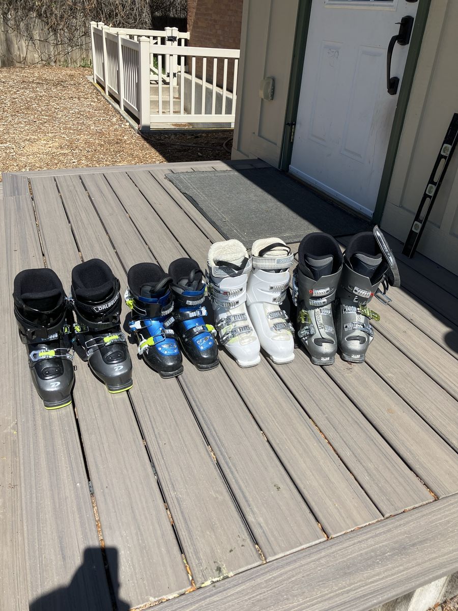 Family ski boots, skis, and Poles