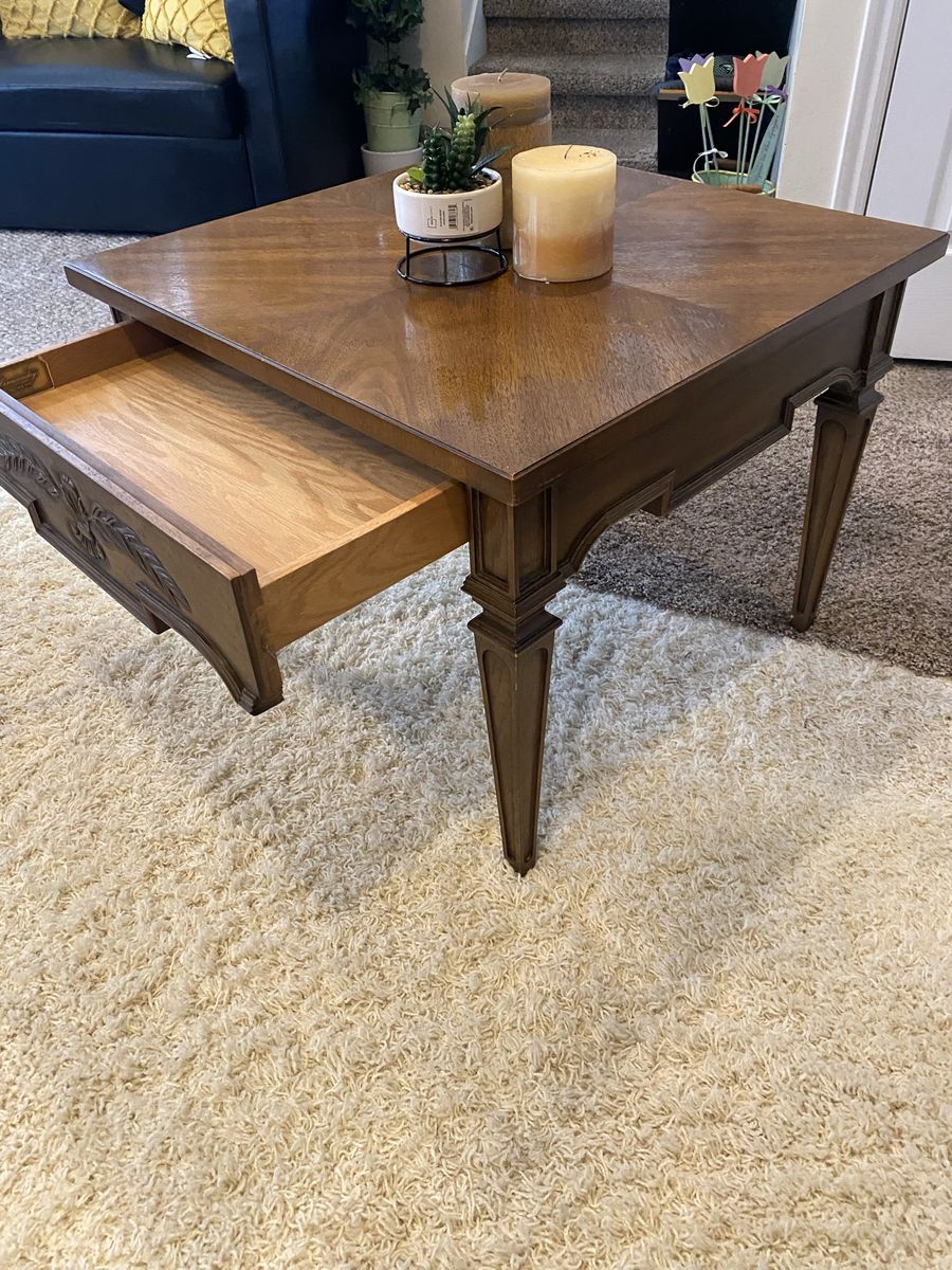 2 Vintage Wood End Tables with Drawer - Decorative Carved Front - Dark Wood Finish