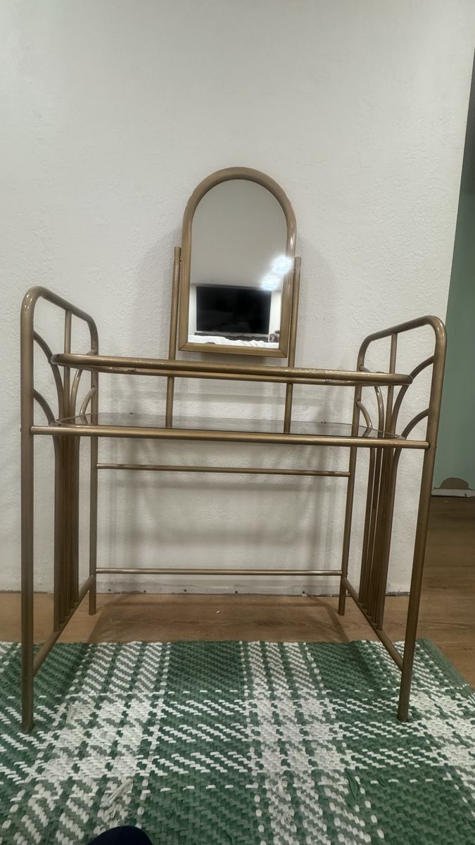 Vintage Gold Metal Vanity with Mirror – $35