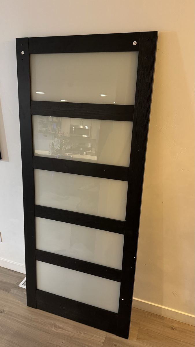 Black barn door with 5 frosted glass inserts and sliding hardware kit, size: 7f*3f Brand new
