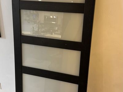 Black barn door with 5 frosted glass inserts and sliding hardware kit, size: 7f*3f Brand new