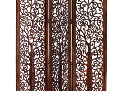 Room Divider Wood Floor Screen - Arbor Tree Antique Brown - Handcrafted 60 x 72 Three Folding Panel Partition - Free Standing Po