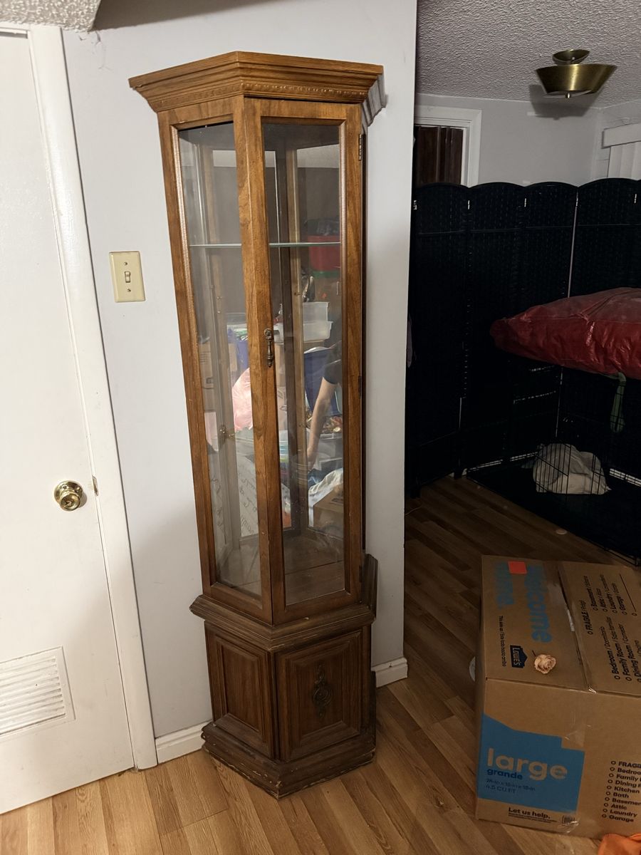 Vintage Corner Curio Cabinet Glass Display Wood Hexagon Base