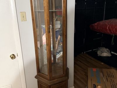 Vintage Corner Curio Cabinet Glass Display Wood Hexagon Base