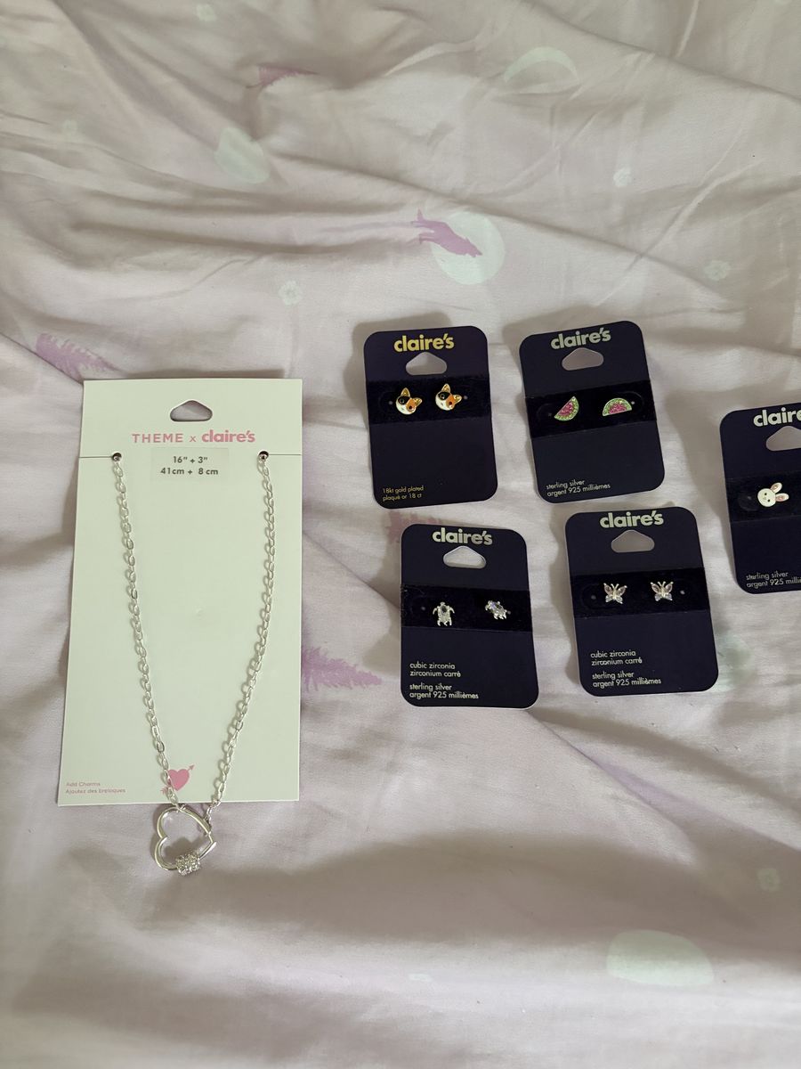 Claire's Jewelry Bundle: Heart Necklace and 5 Pairs of Earrings (New)