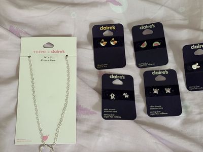 Claire's Jewelry Bundle: Heart Necklace and 5 Pairs of Earrings (New)