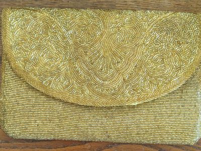 Vintage Beaded Evening Bag Lot (2) Carolyne Barton "Night" Gold Clutch & White Clam Shell