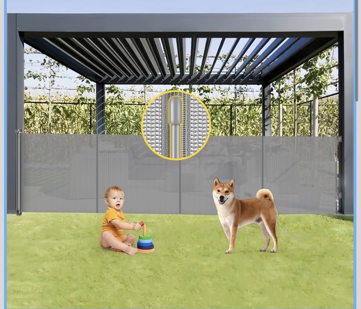 Grey, new, extra wide, Reinforced 42” Tall x 160” Extra Wide Retractable Gates with Support Rods, Tall Pet Gate for Large Openin