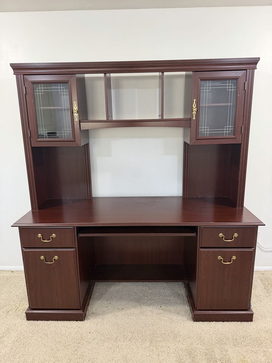 Cherry Finish Home Office Desk with Hutch - Glass Cabinets & Keyboard Tray