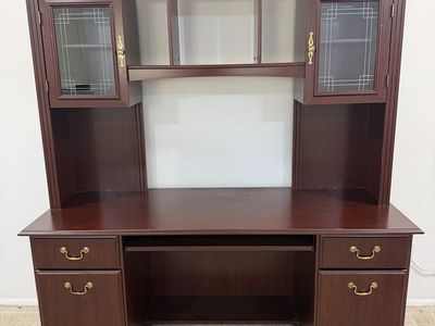 Cherry Finish Home Office Desk with Hutch - Glass Cabinets & Keyboard Tray