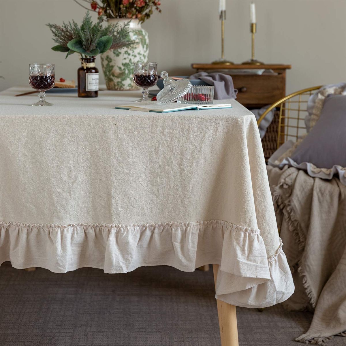 GLORY SEASON Retro Farmhouse Ruffle Tablecloth Cotton Flounces Trim Washable Table Cover Tablecloths for Rectangle Table Baby Sh