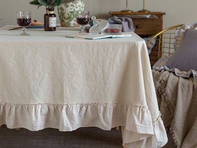 GLORY SEASON Retro Farmhouse Ruffle Tablecloth Cotton Flounces Trim Washable Table Cover Tablecloths for Rectangle Table Baby Sh
