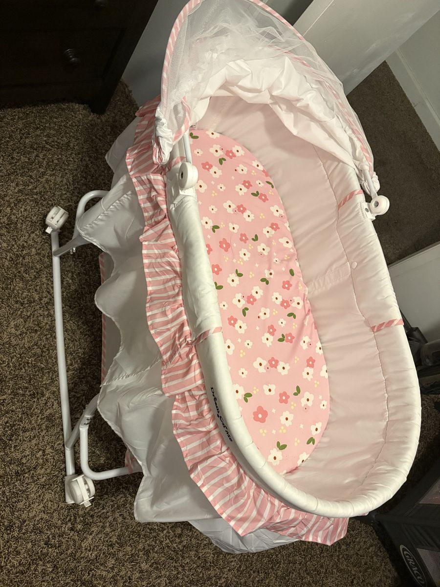 Dream On Me Pink and White Baby Bassinet with Canopy
