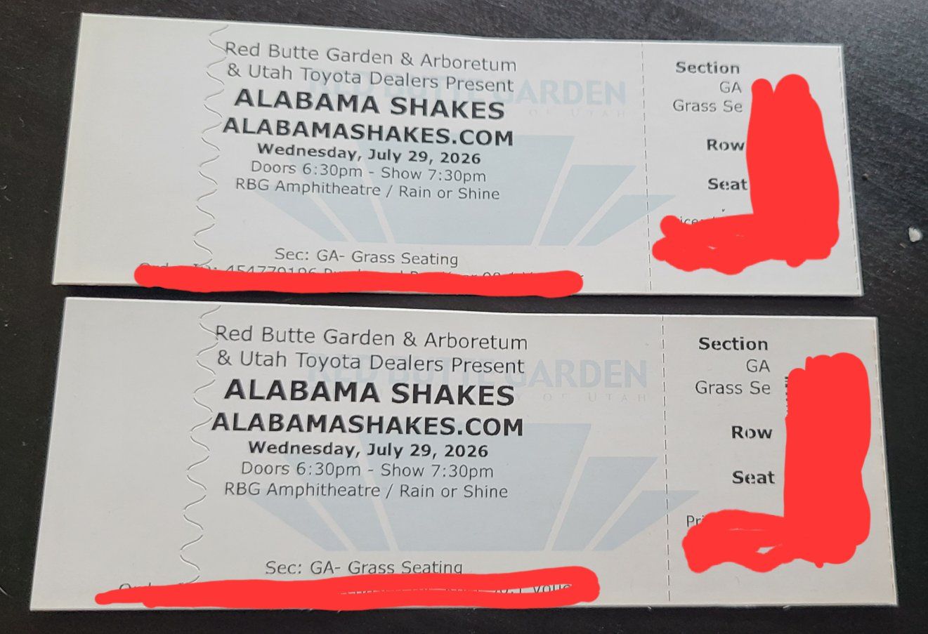Alabama Shakes Concert Tickets - July 29, 2026 - Red Butte Garden (2 GA Grass Seating)