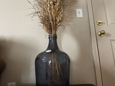 Large Blue Glass Demijohn Carboy Vase with Dried Pampas Grass & Wheat Decor