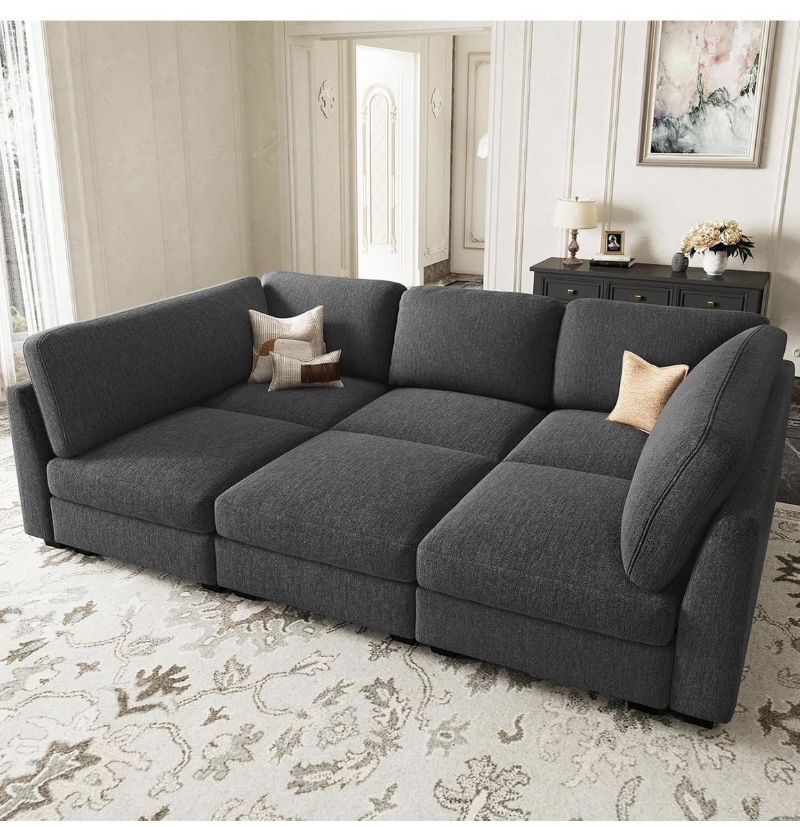 Modern Dark Gray Fabric Sectional Sofa, Deep Couch, See pictures modular sofa removable fabric, New