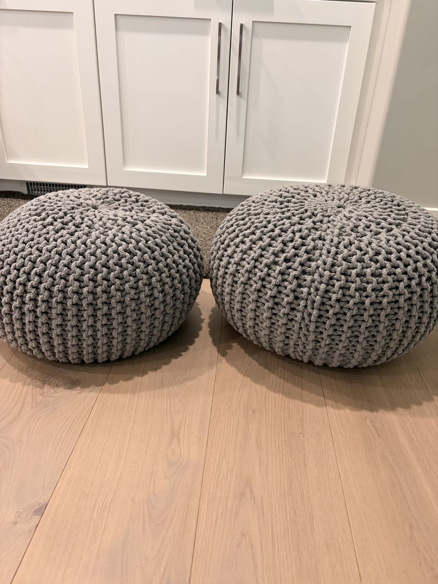 2 Gray Knitted Pouf Ottoman Footstool Floor Cushion - Good Condition
