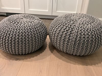 2 Gray Knitted Pouf Ottoman Footstool Floor Cushion - Good Condition
