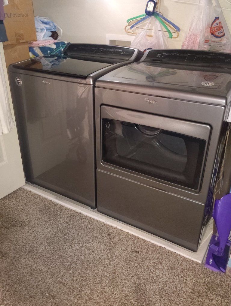 Matching Whirlpool Top-Load Washer & Front-Load Dryer Set - Chrome Shadow Gray Price: $650