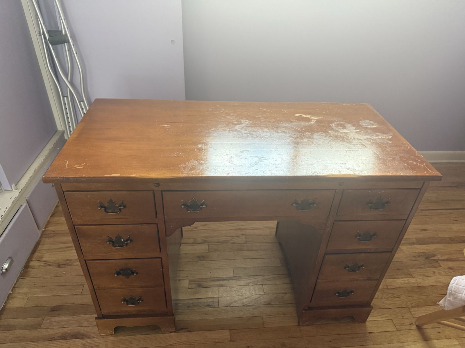 Vintage Wooden Double Pedestal Desk with 7 Drawers, Natural Wood Finish