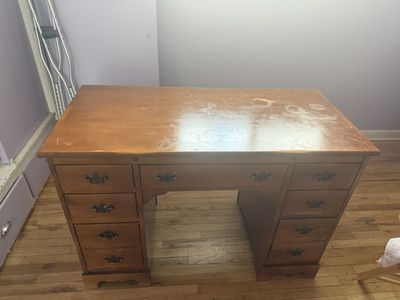 Vintage Wooden Double Pedestal Desk with 7 Drawers, Natural Wood Finish