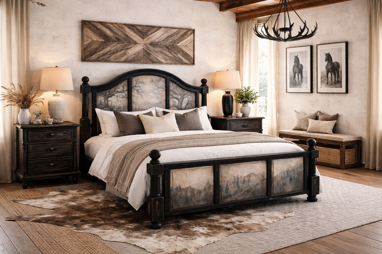 Handpainted Trees King Bed Frame Western Artisan Nature Cabin Farmhouse Academia Rustic