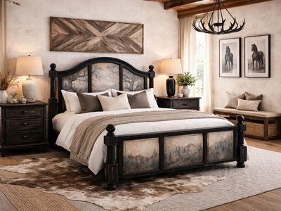 Handpainted Trees King Bed Frame Western Artisan Nature Cabin Farmhouse Academia Rustic