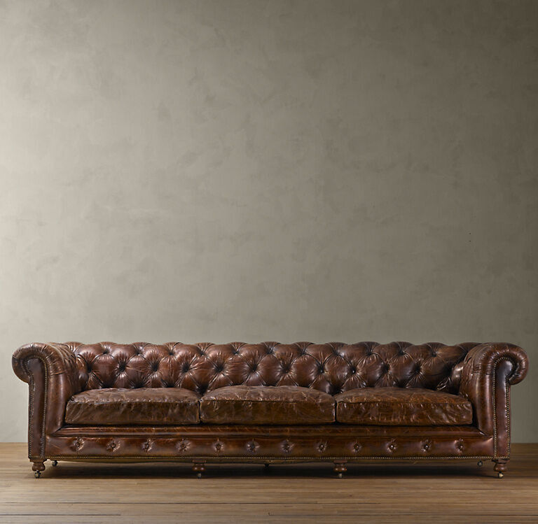 118” Vintage Restoration Hardware Kensington Leather Sofa