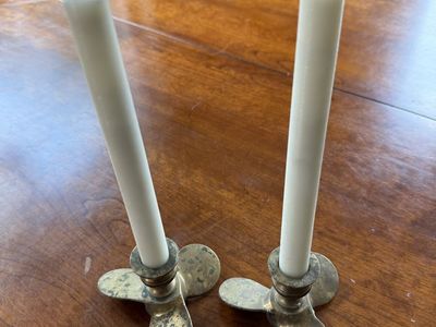 Vintage set of 2 solid brass boat propeller candle holders candles not included. 4.5” W