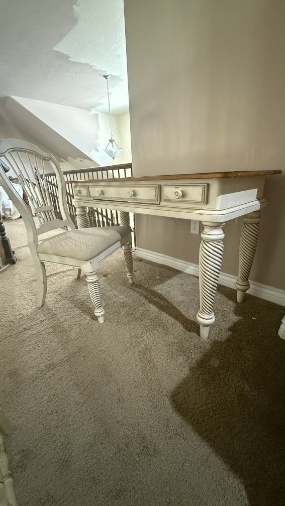 Distressed White Wood Dresser & Desk Set with Spindle Legs - 3-Drawer Chest