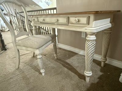 Distressed White Wood Dresser & Desk Set with Spindle Legs - 3-Drawer Chest