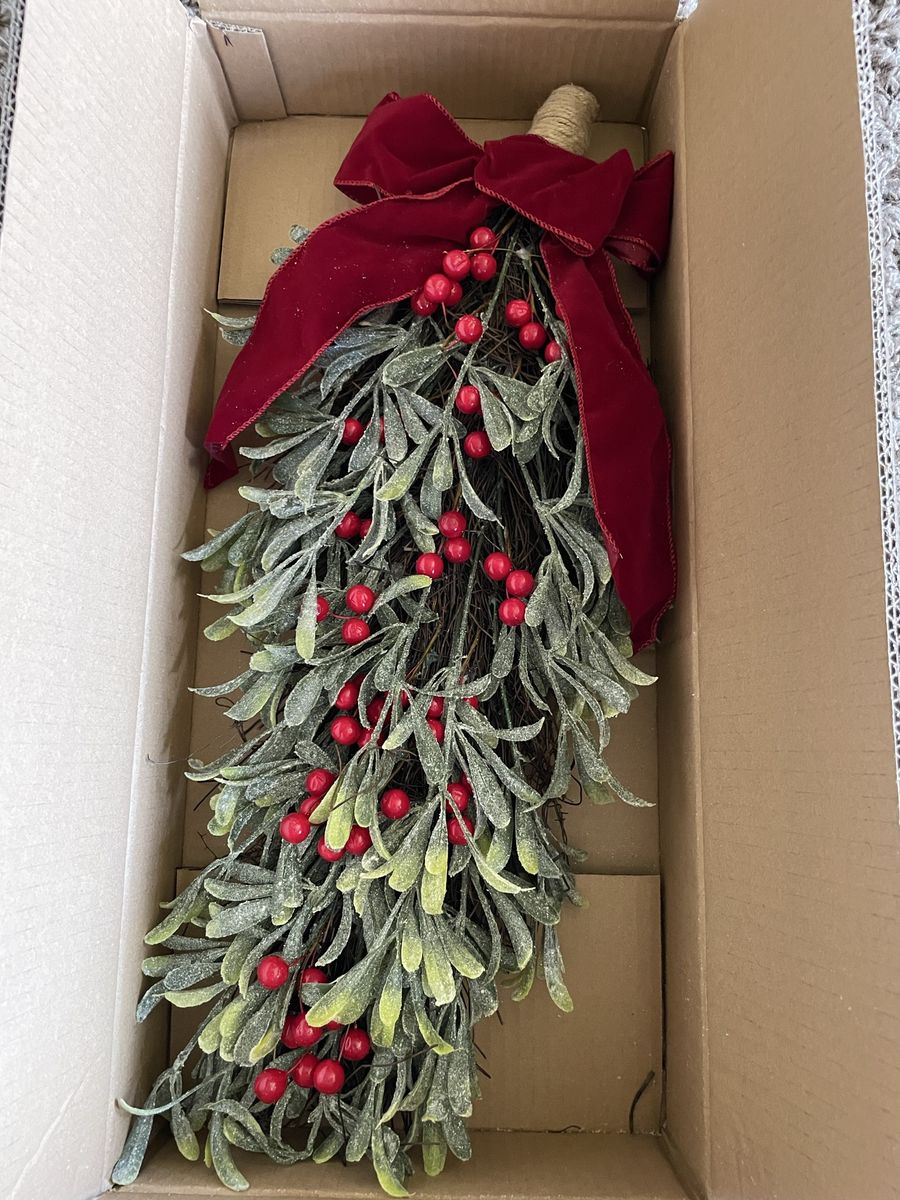 Festive Holiday Teardrop Swag with Red Berries, Mistletoe, and Velvet Bow - Christmas Decor